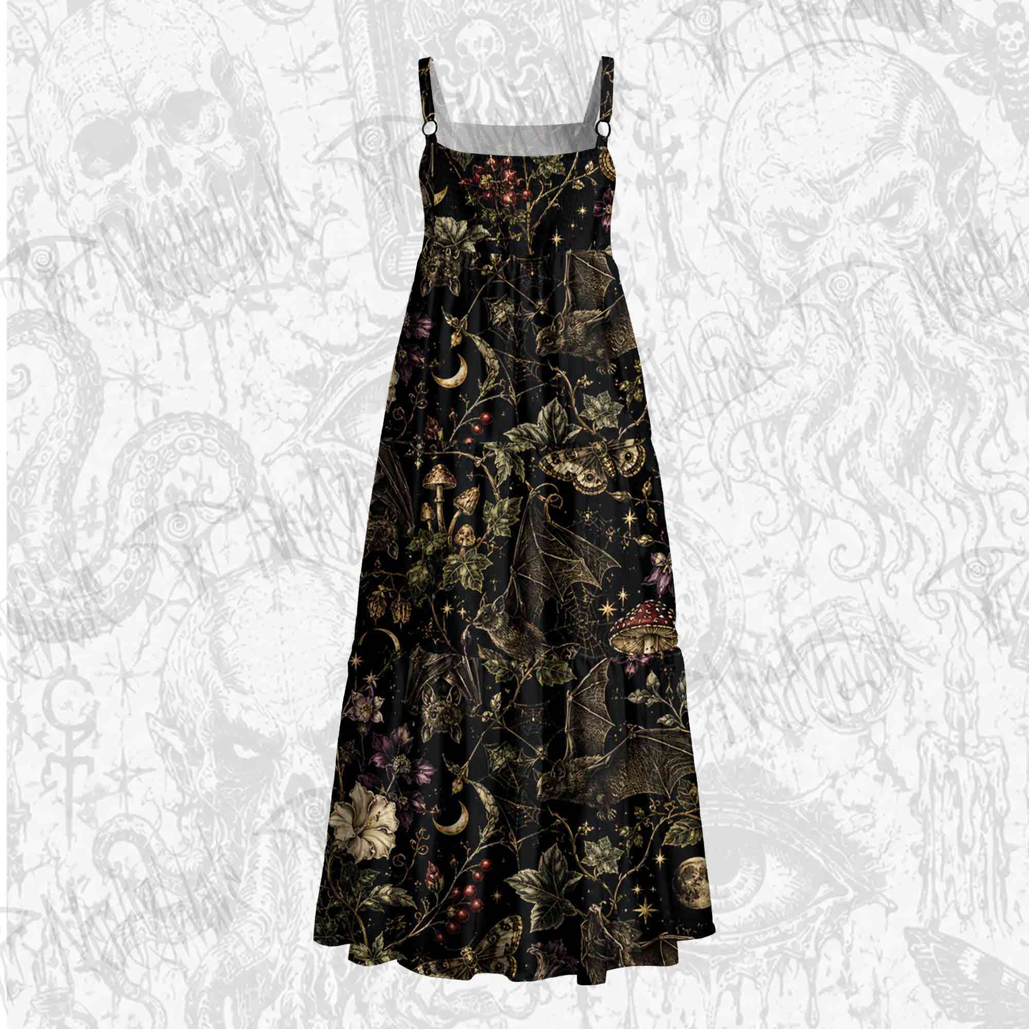 Moonlit Gothic Bat Wide Straps Maxi Dress