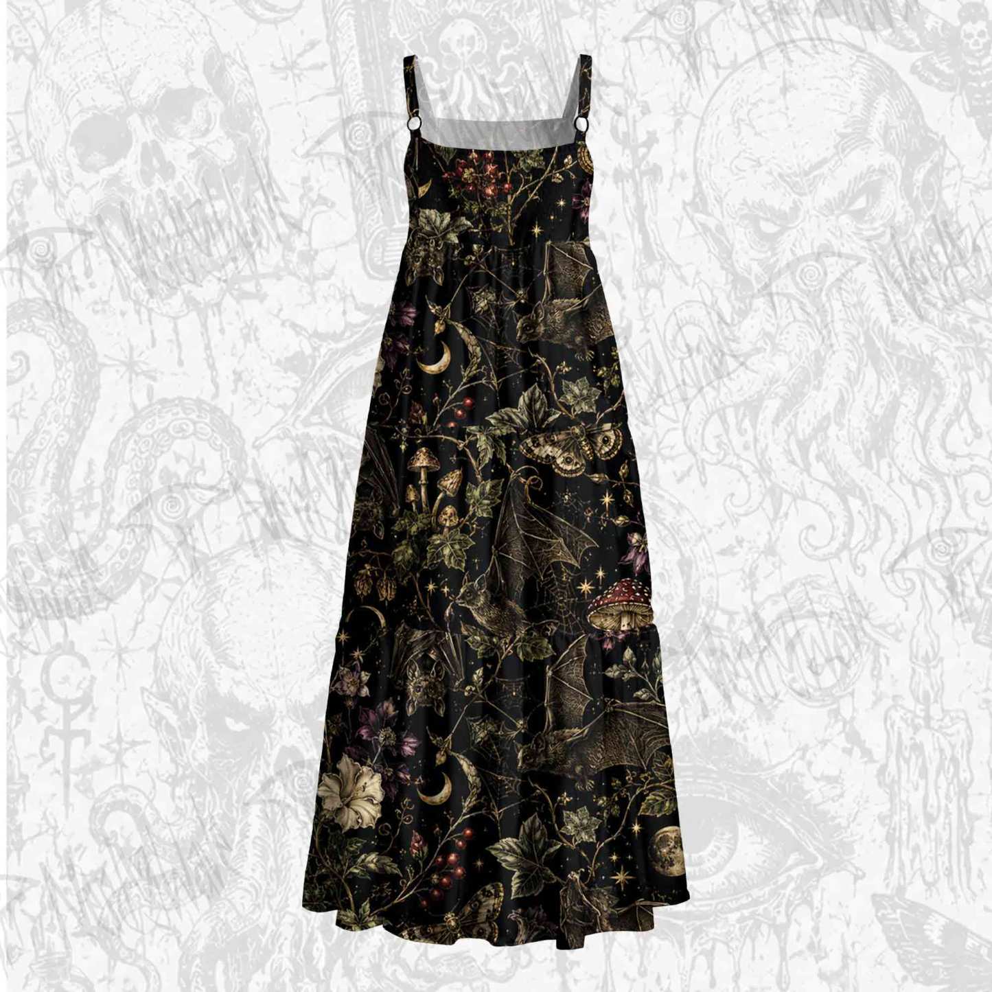 Moonlit Gothic Bat Wide Straps Maxi Dress
