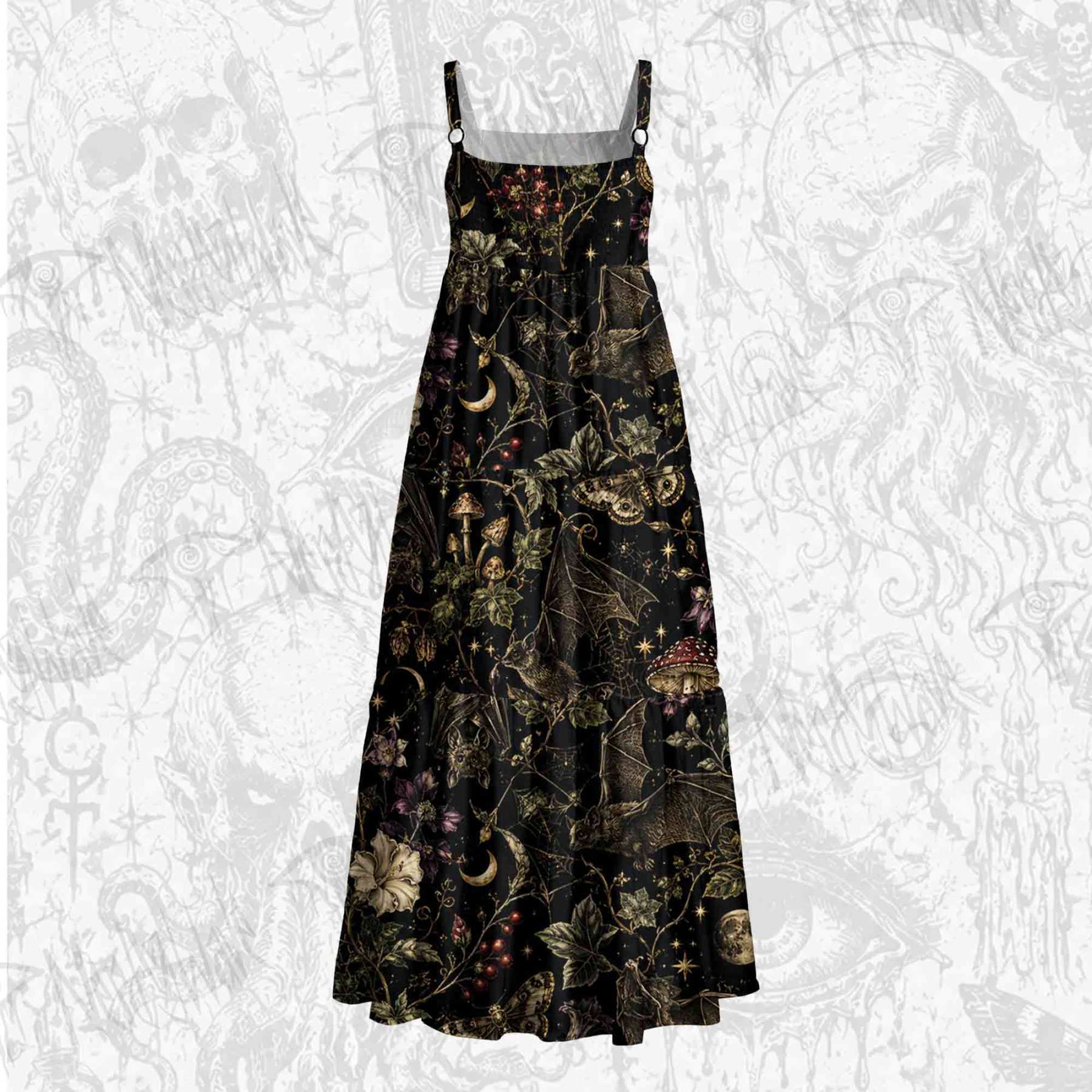 Moonlit Gothic Bat Wide Straps Maxi Dress