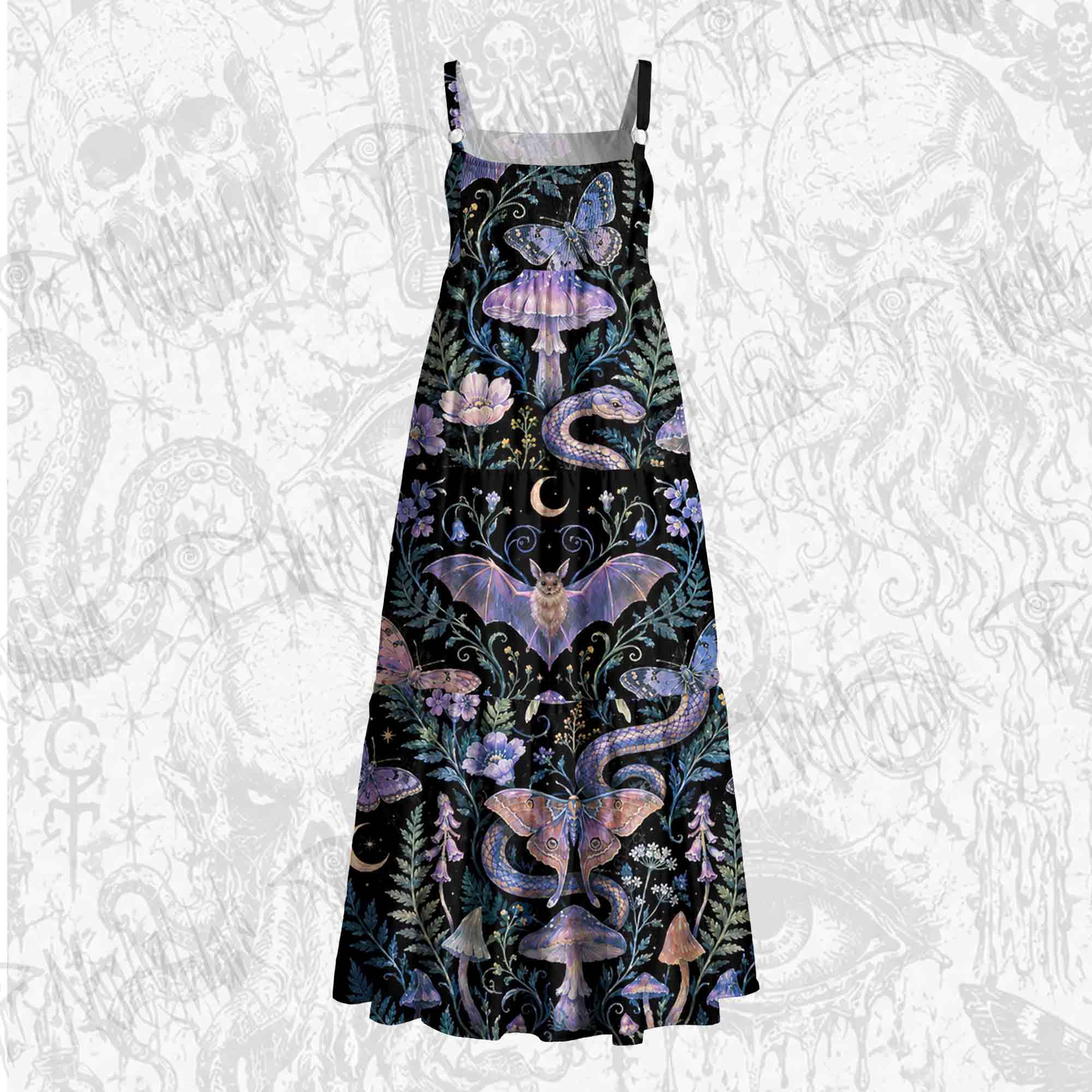 Dark Forest Witch Moth Wide Straps Maxi Dress
