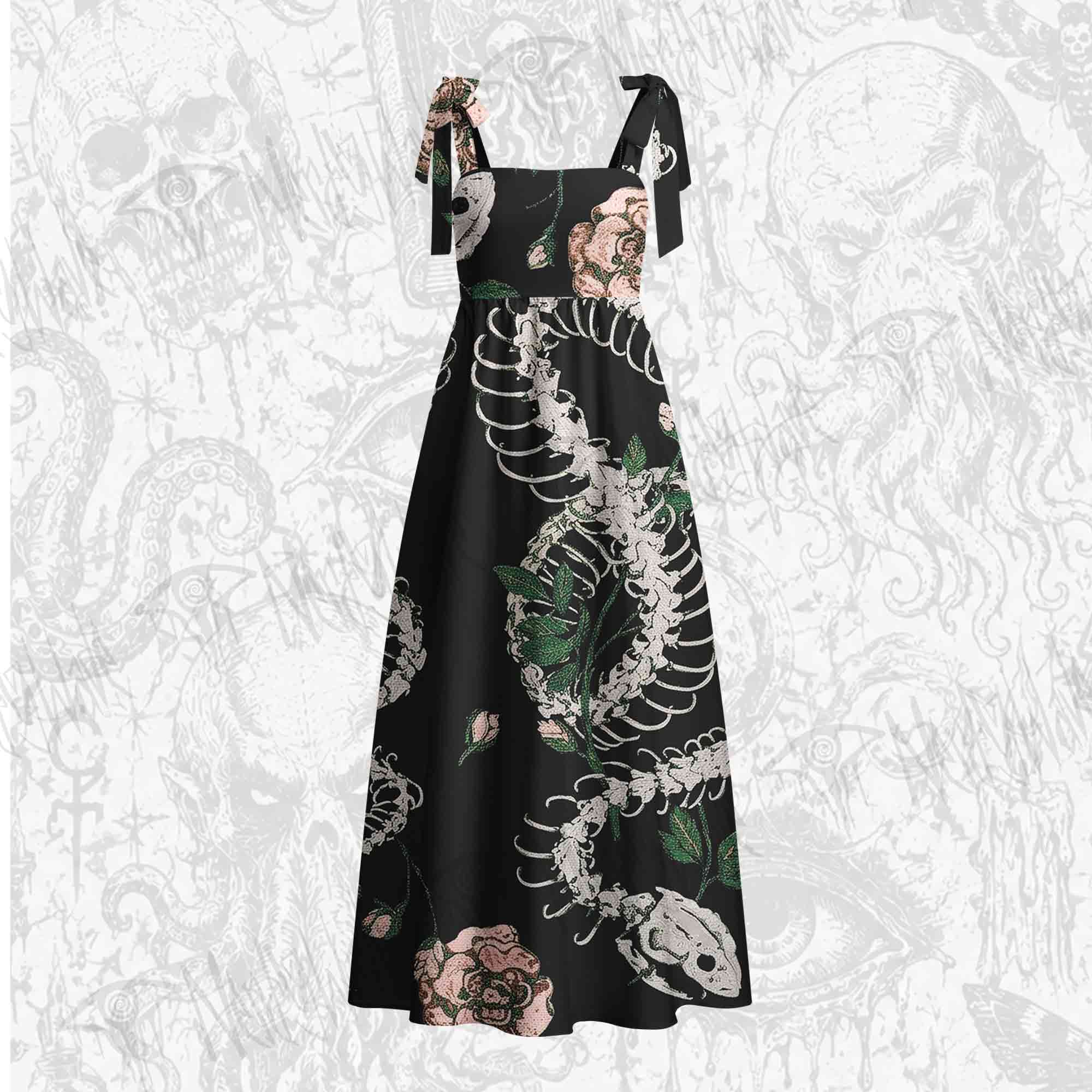 Flowers and Snake Skeleton Tie Shoulder Maxi Dress