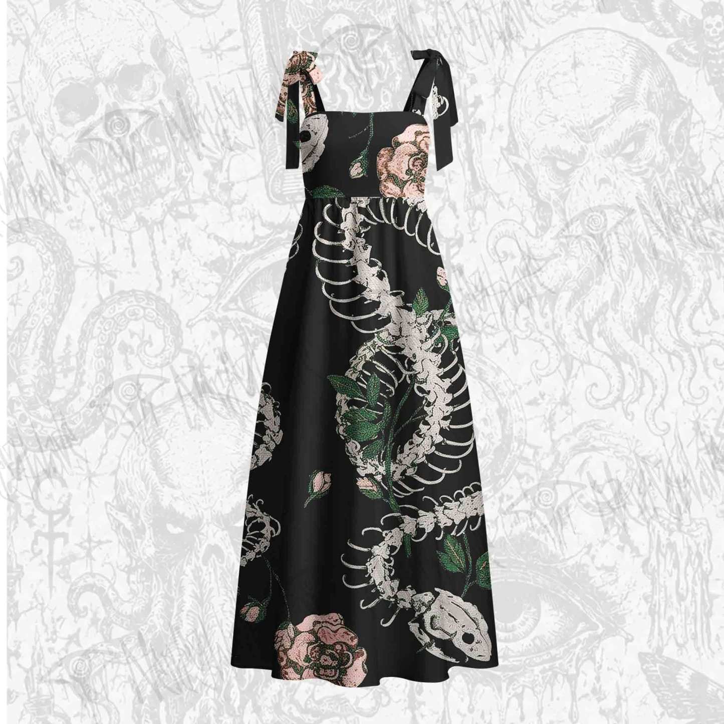 Flowers and Snake Skeleton Tie Shoulder Maxi Dress