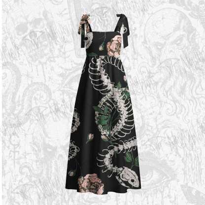 Flowers and Snake Skeleton Tie Shoulder Maxi Dress