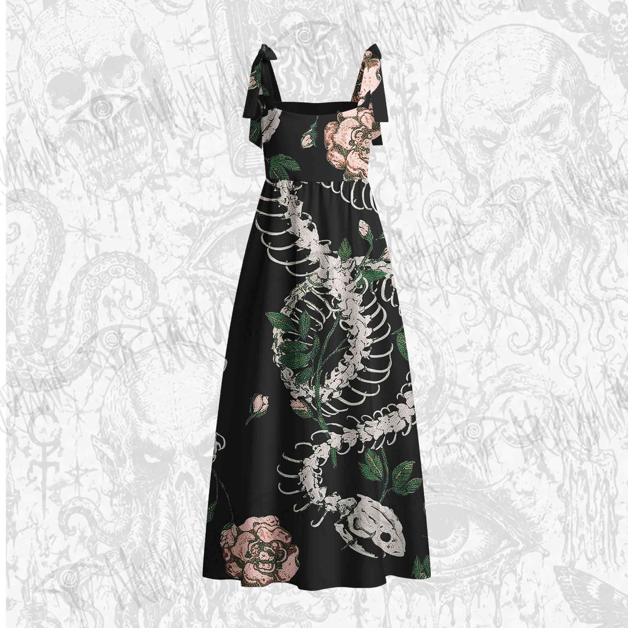 Flowers and Snake Skeleton Tie Shoulder Maxi Dress