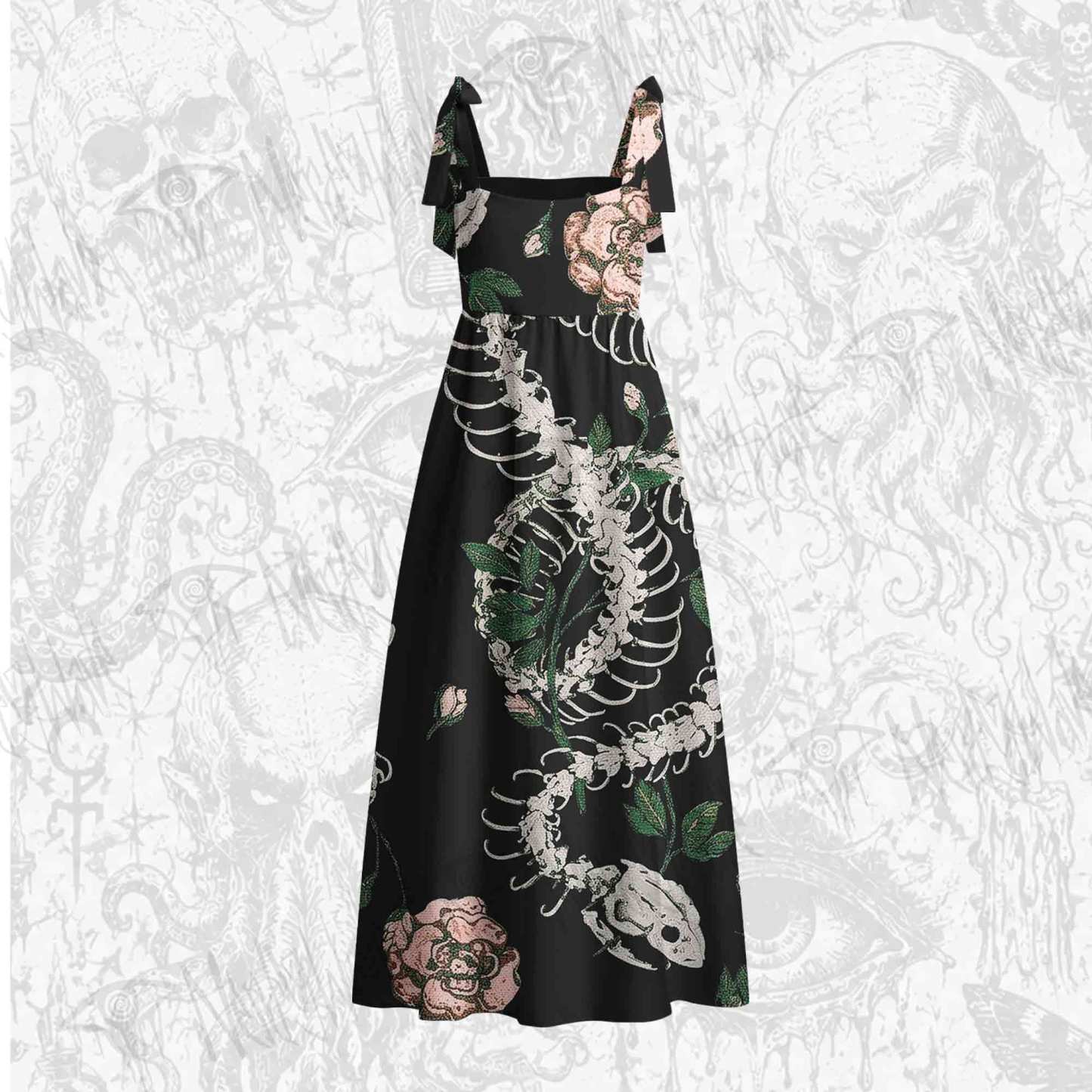 Flowers and Snake Skeleton Tie Shoulder Maxi Dress