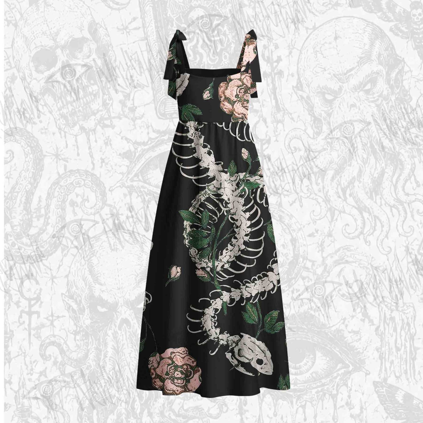 Flowers and Snake Skeleton Tie Shoulder Maxi Dress