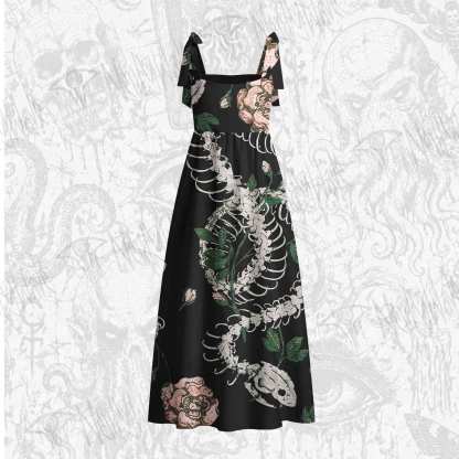 Flowers and Snake Skeleton Tie Shoulder Maxi Dress