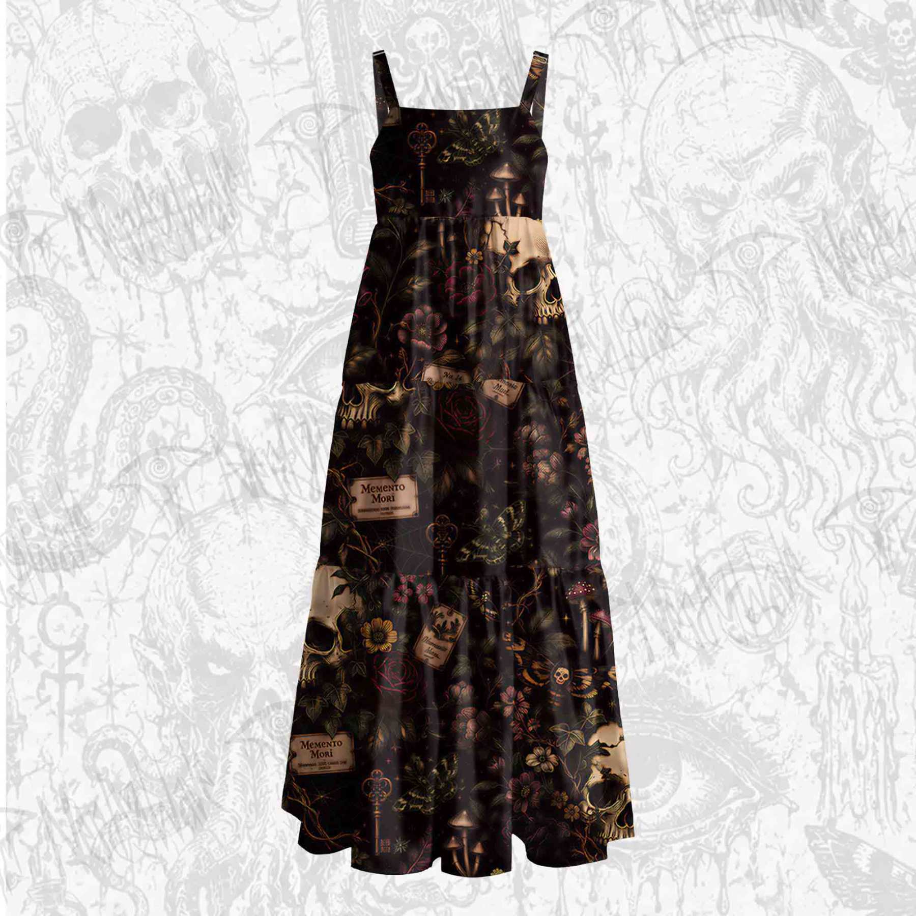 Witchy Mourning Rose Skull Wide Straps Maxi Dress