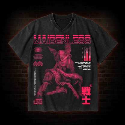 Maidenless Warrior V-Neck Streetwear Washed T-shirt