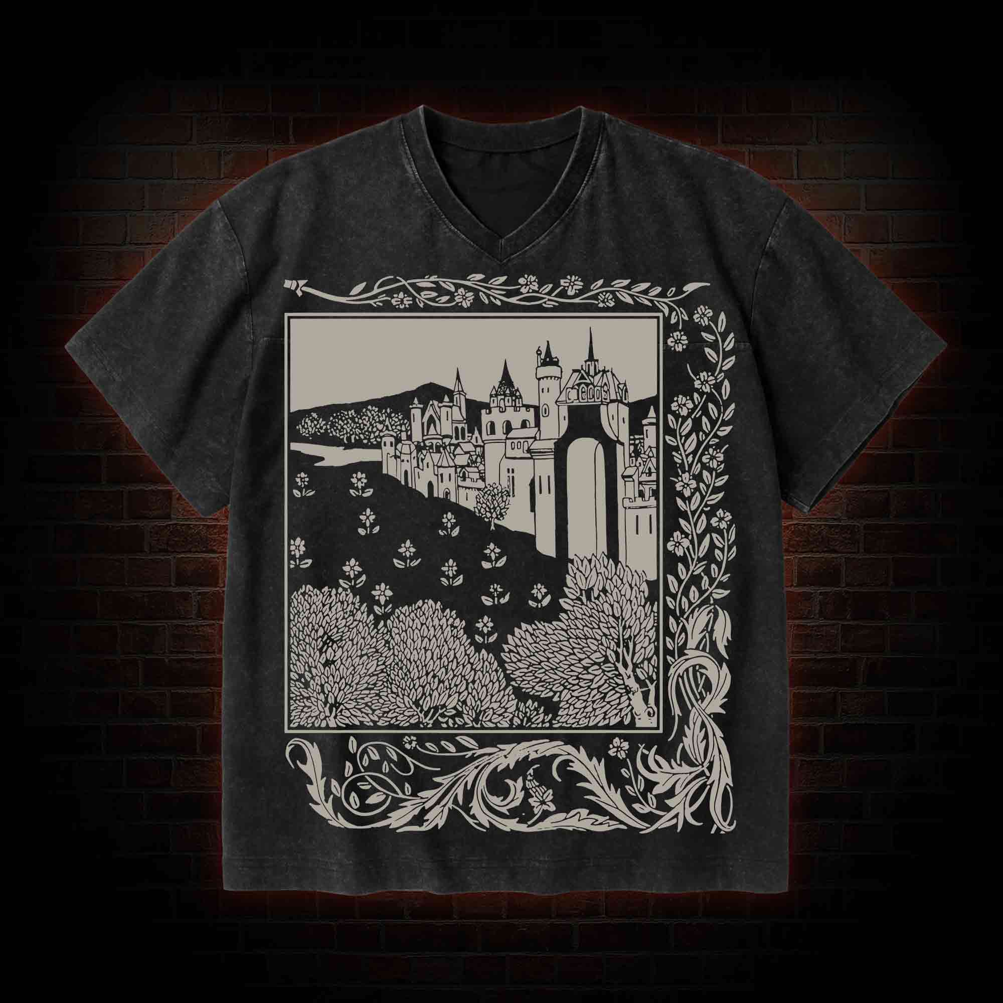 Medieval Castle V-Neck Streetwear Washed T-shirt