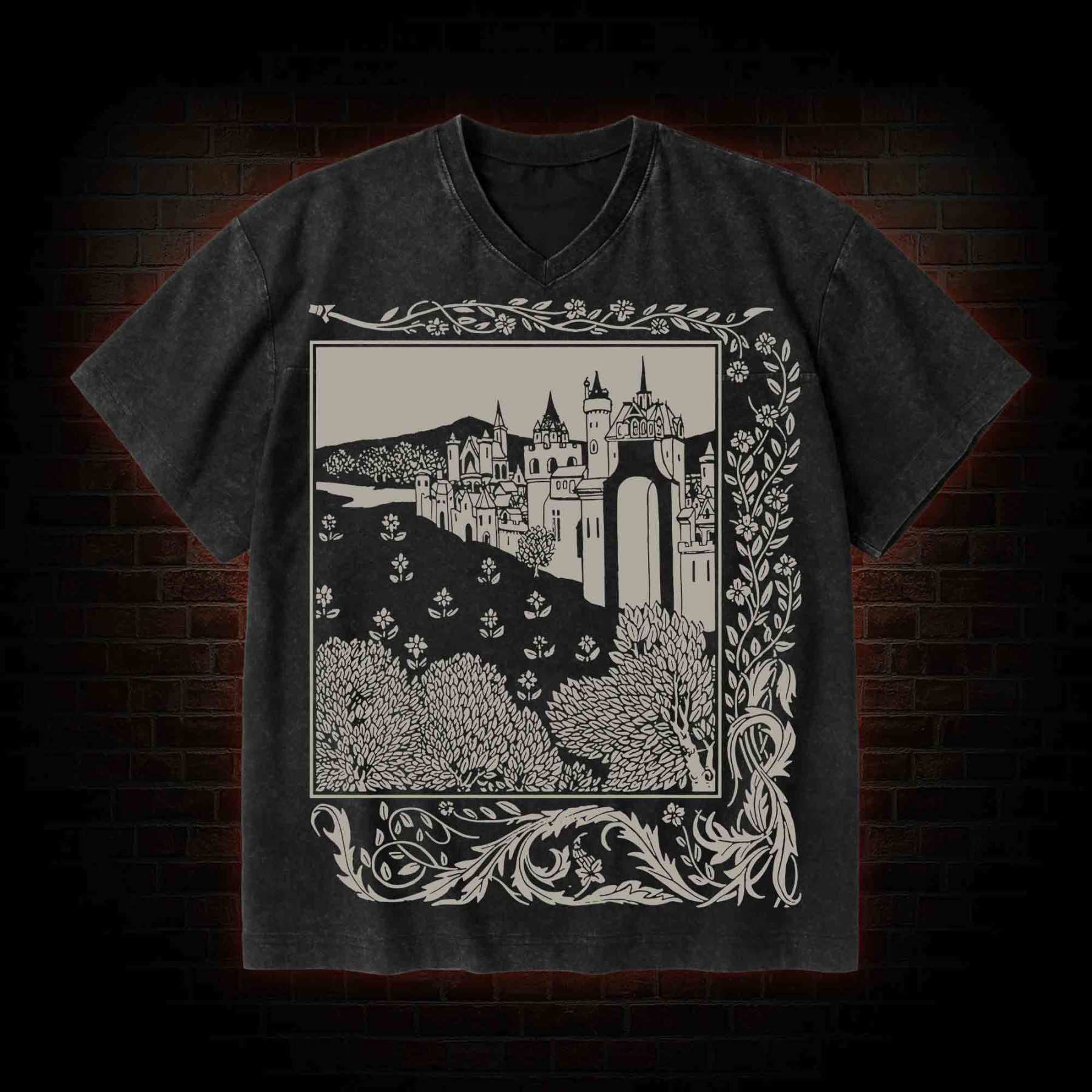 Medieval Castle V-Neck Streetwear Washed T-shirt