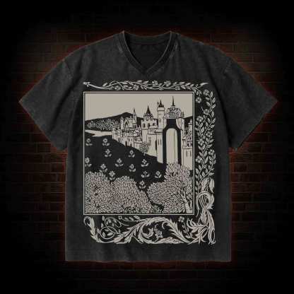 Medieval Castle V-Neck Streetwear Washed T-shirt