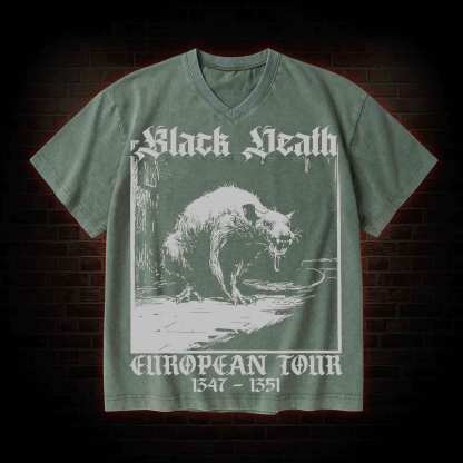 Black Death European Tour 1347-1351 V-Neck Streetwear Washed T-shirt