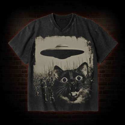 UFO & Cat V-Neck Streetwear Washed T-shirt