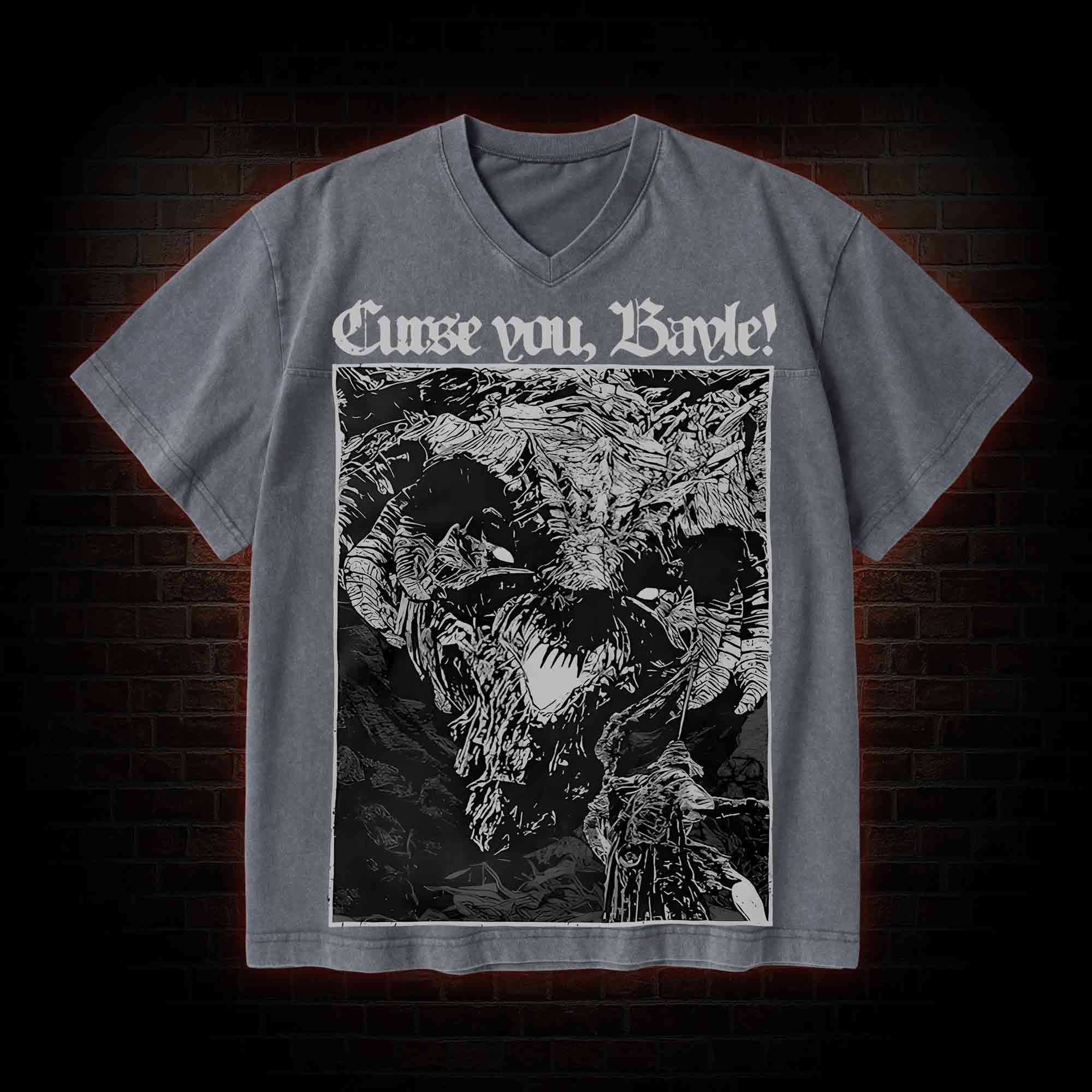 Curse You Bayle! V-Neck Streetwear Washed T-shirt