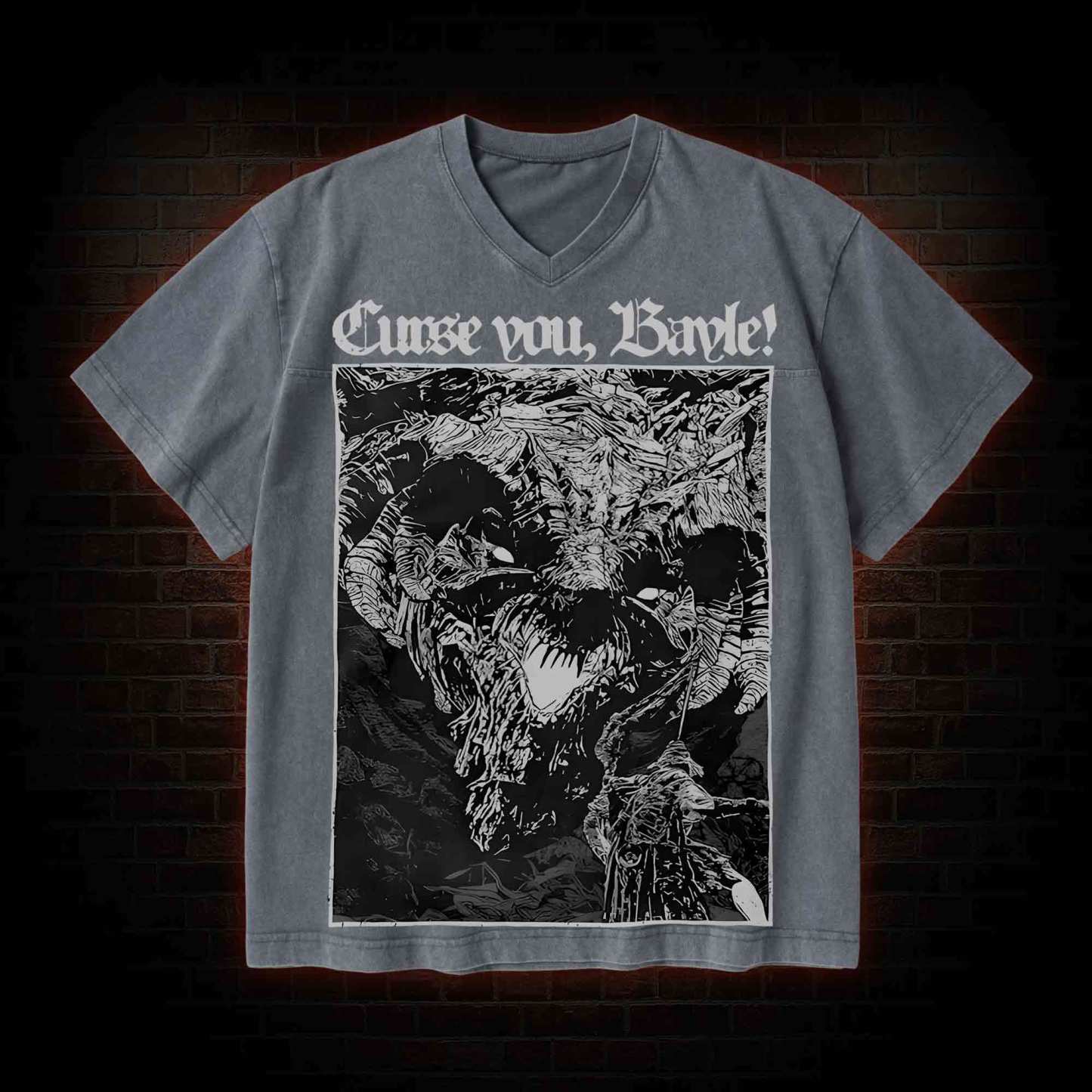 Curse You Bayle! V-Neck Streetwear Washed T-shirt