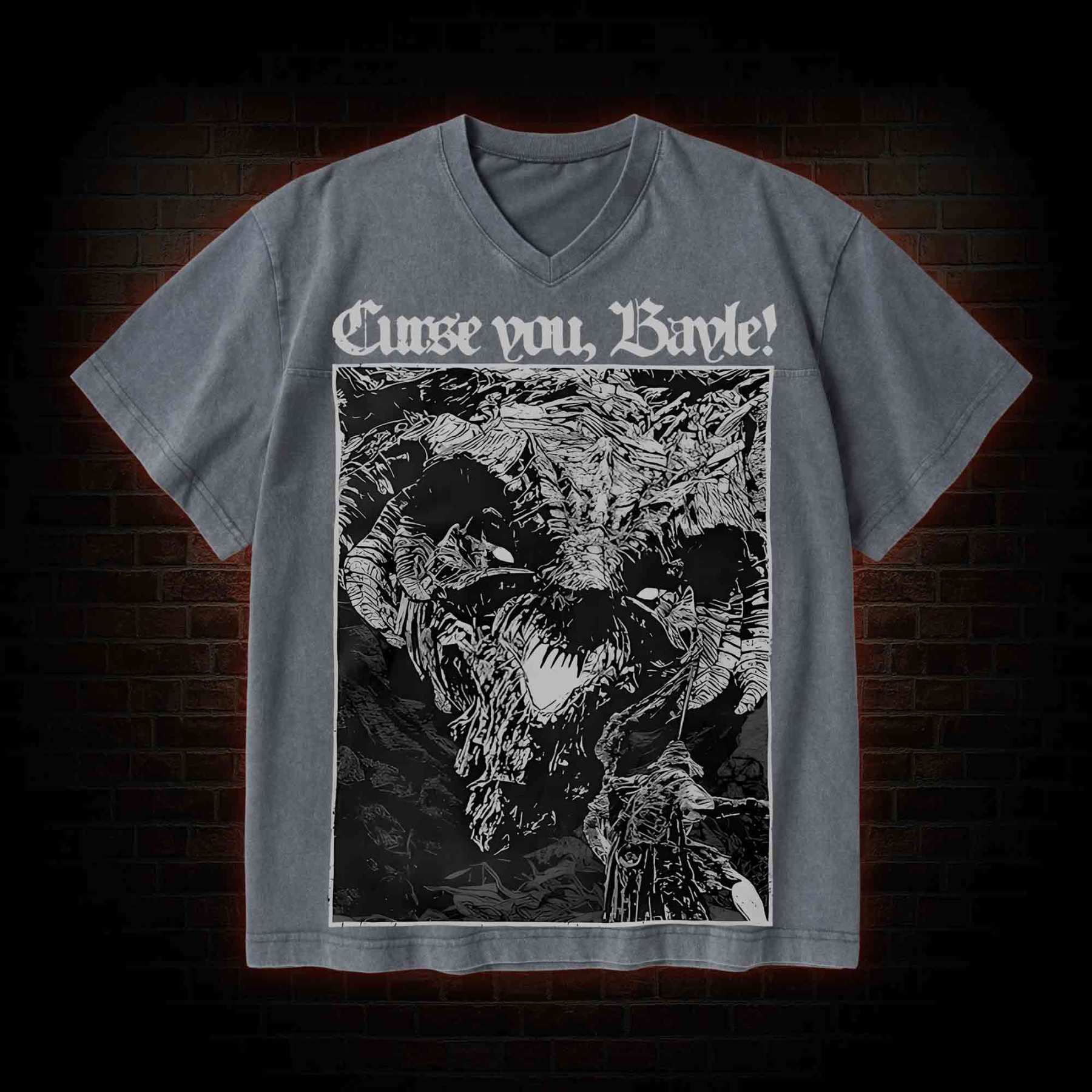 Curse You Bayle! V-Neck Streetwear Washed T-shirt