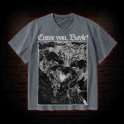 Curse You Bayle! V-Neck Streetwear Washed T-shirt