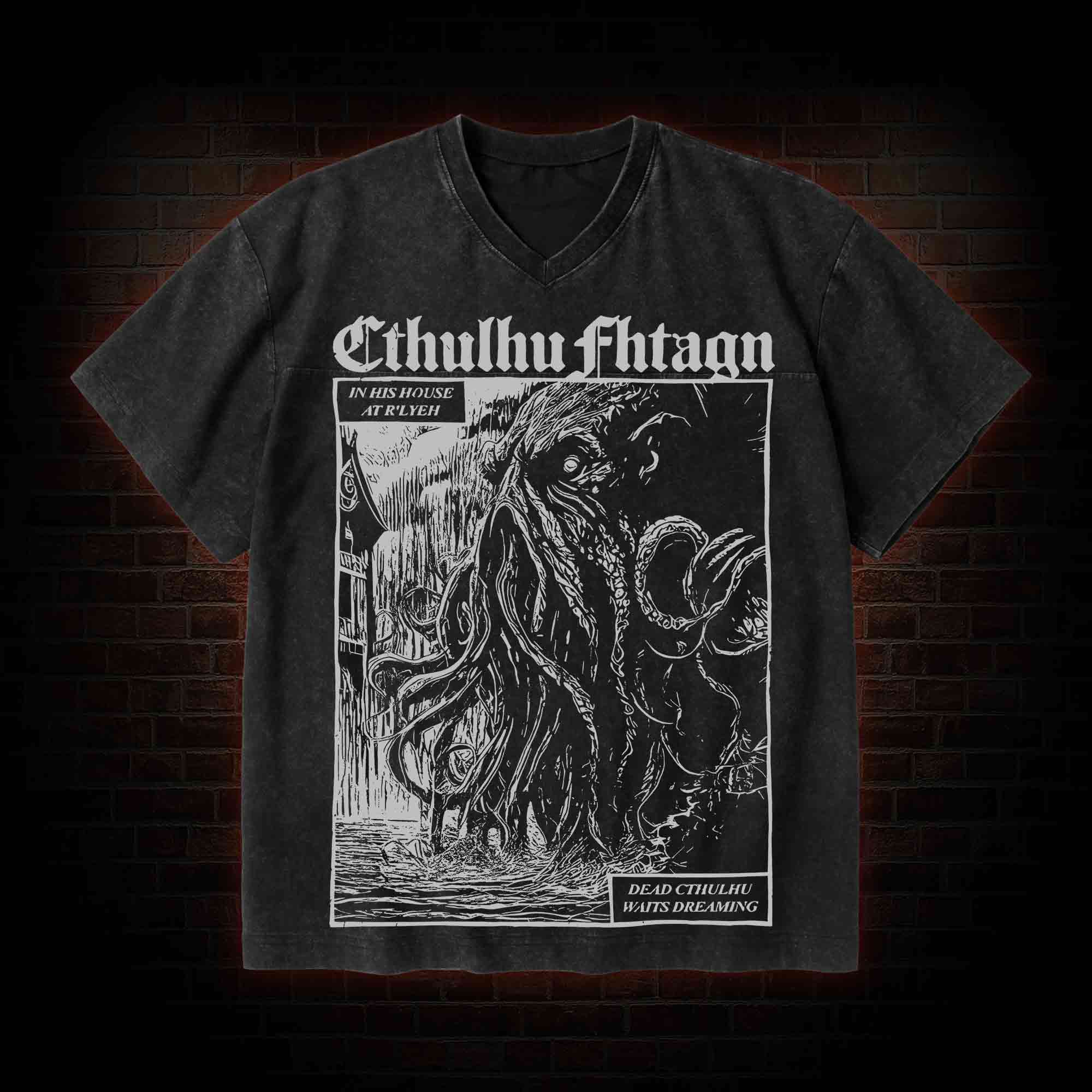 Cthulhu Fhtagn V-Neck Streetwear Washed T-shirt