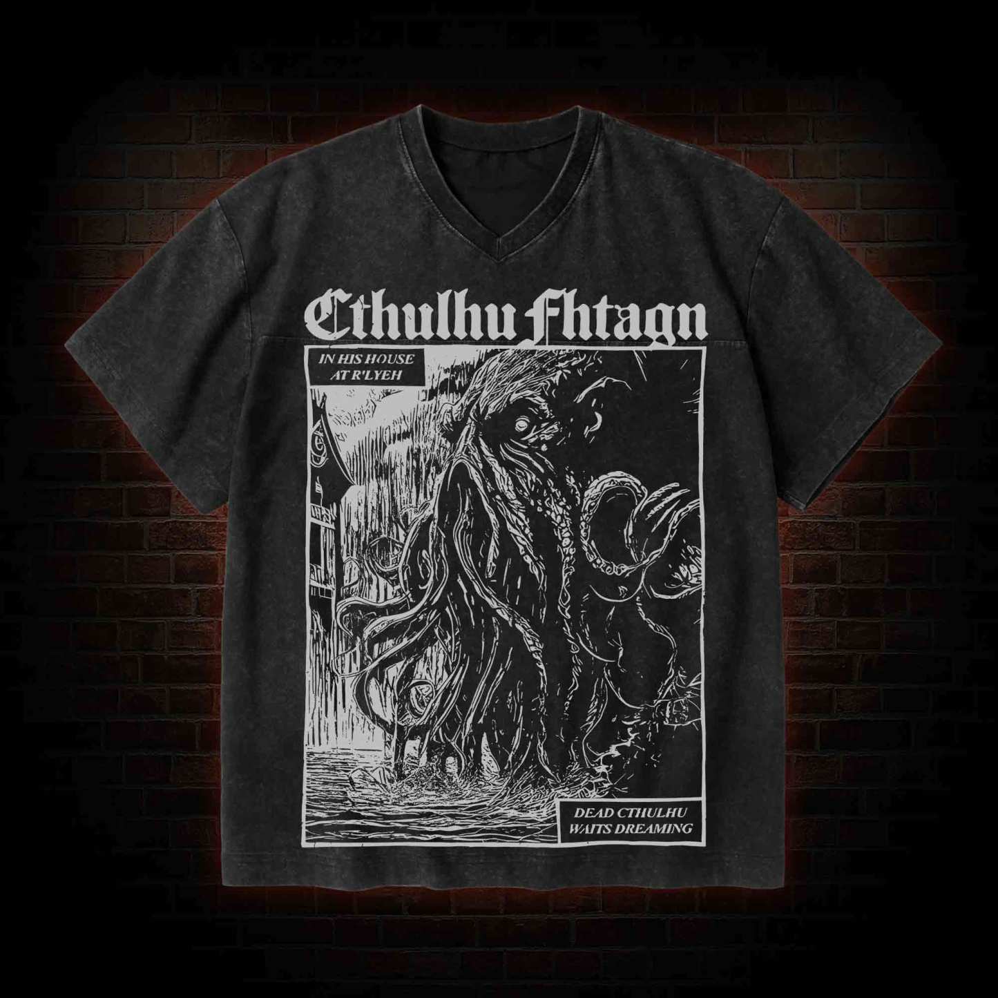 Cthulhu Fhtagn V-Neck Streetwear Washed T-shirt