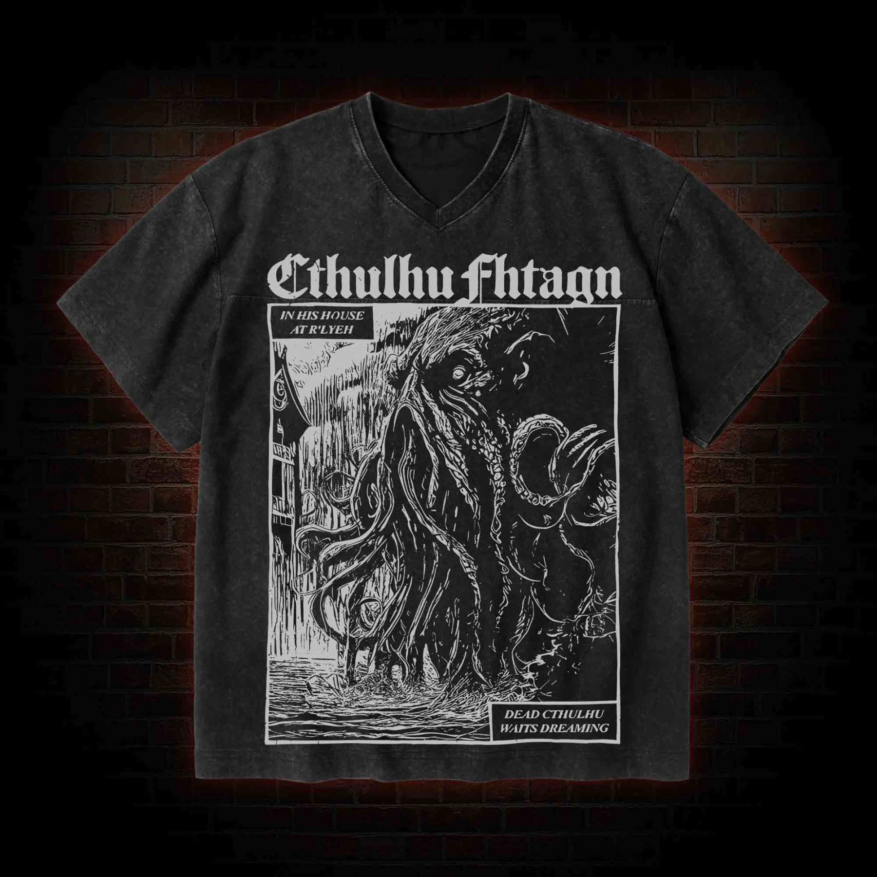 Cthulhu Fhtagn V-Neck Streetwear Washed T-shirt