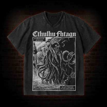 Cthulhu Fhtagn V-Neck Streetwear Washed T-shirt