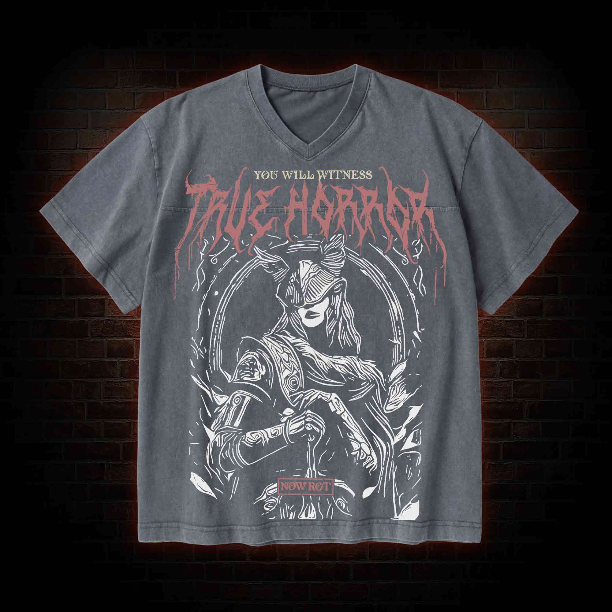 True Horror V-Neck Streetwear Washed T-shirt
