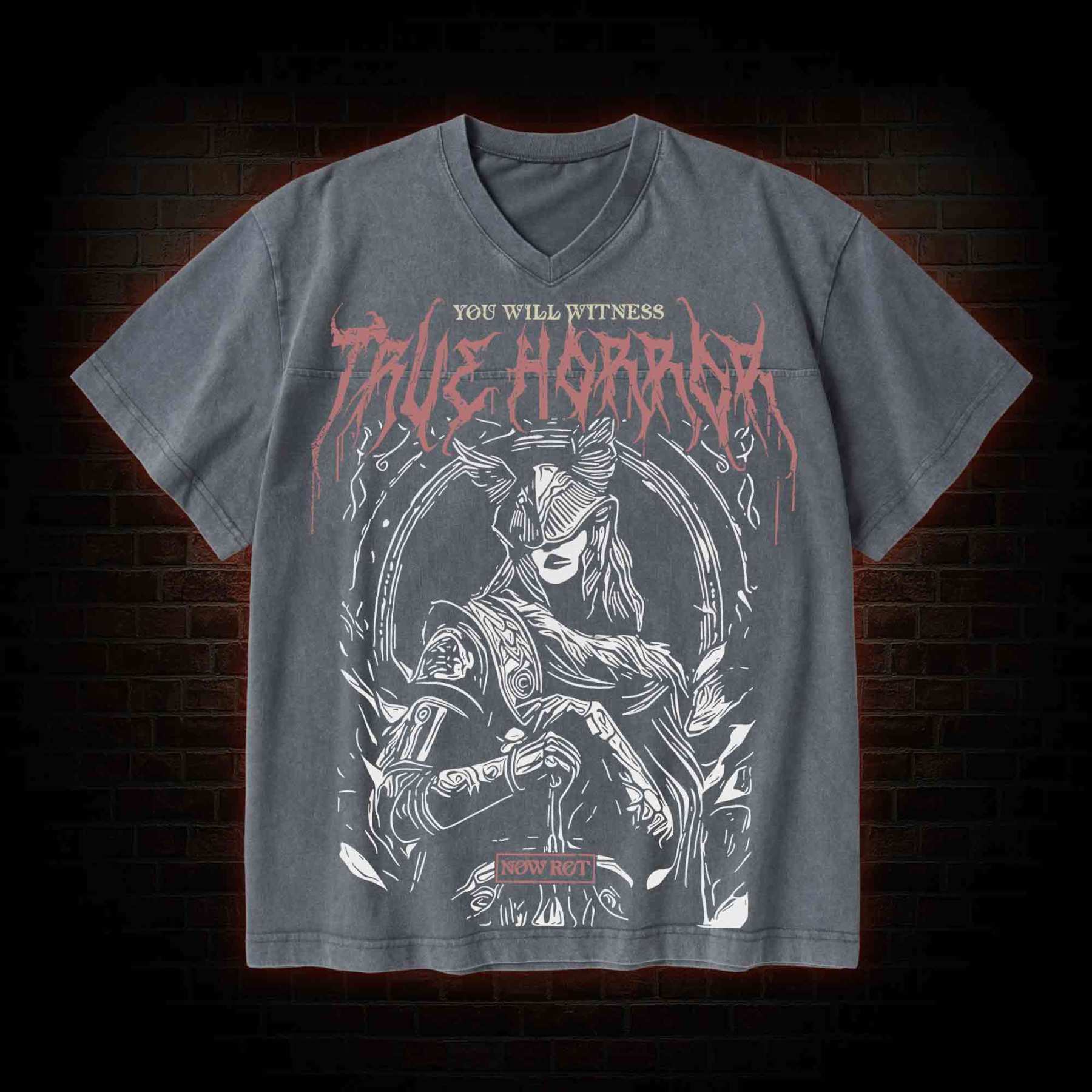 True Horror V-Neck Streetwear Washed T-shirt