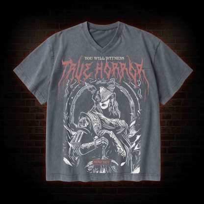 True Horror V-Neck Streetwear Washed T-shirt