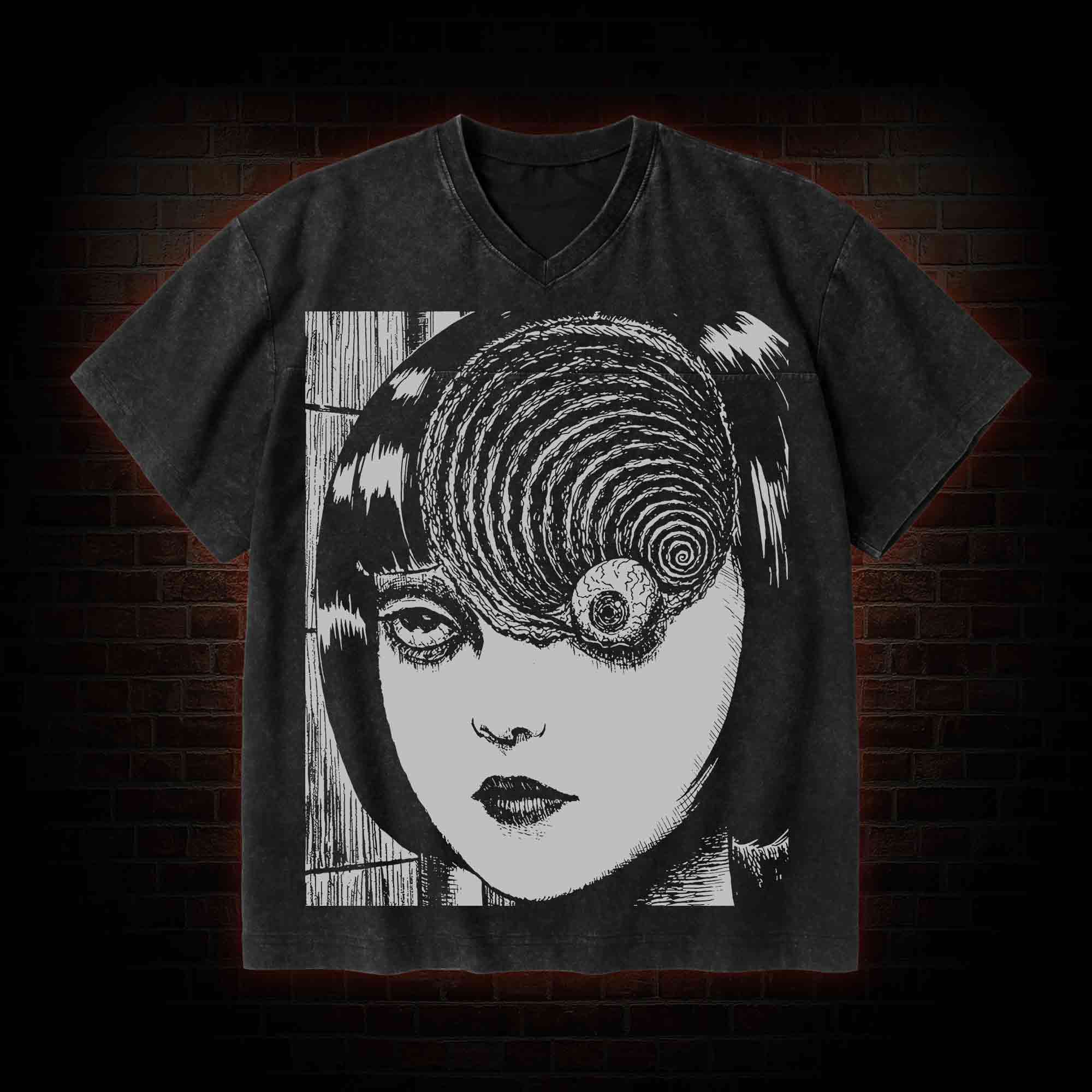 Horror Eyeball V-Neck Streetwear Washed T-shirt