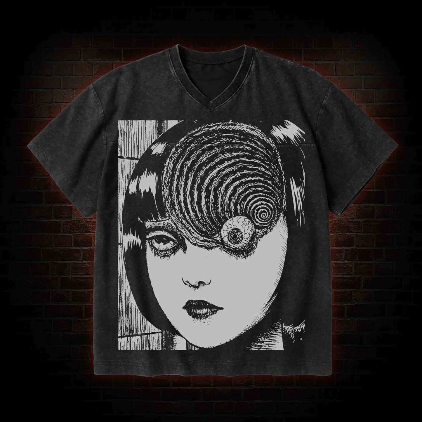 Horror Eyeball V-Neck Streetwear Washed T-shirt