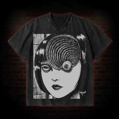 Horror Eyeball V-Neck Streetwear Washed T-shirt