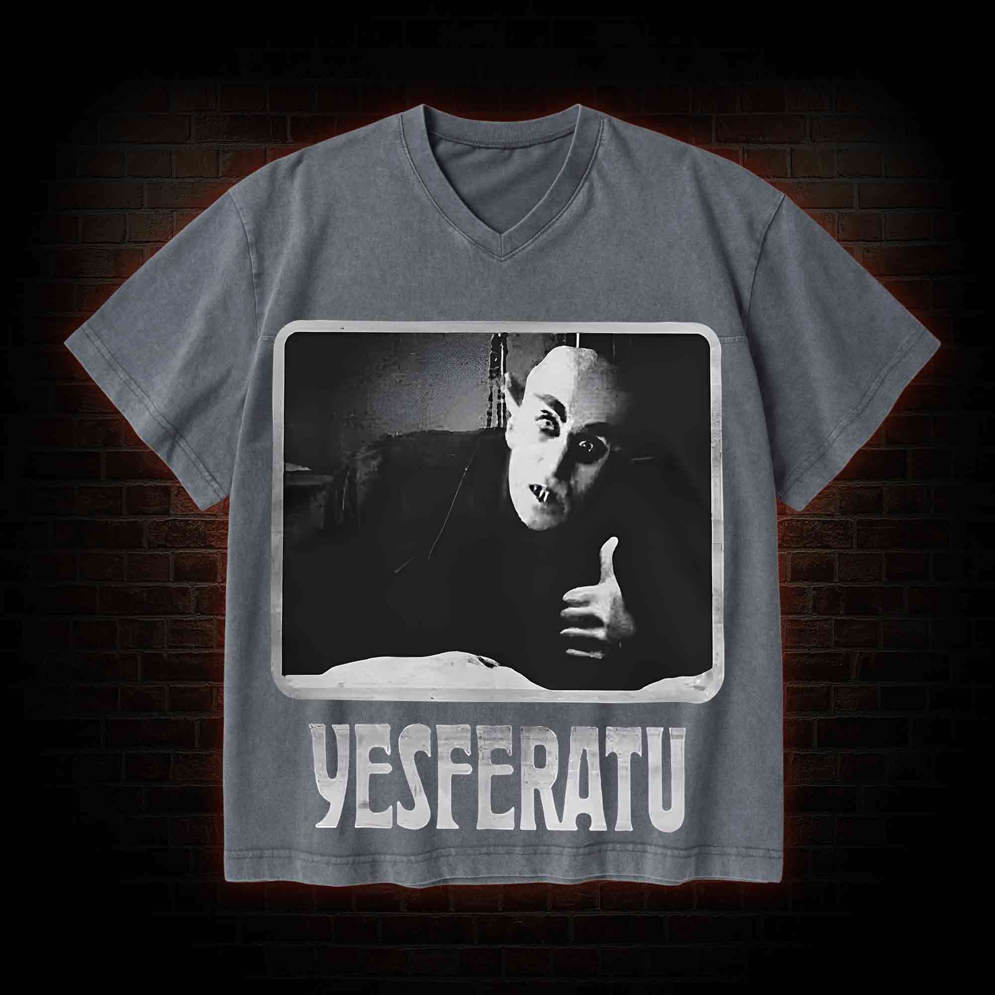 Yesferatu Funny Horror Retro V-Neck Streetwear Washed T-shirt