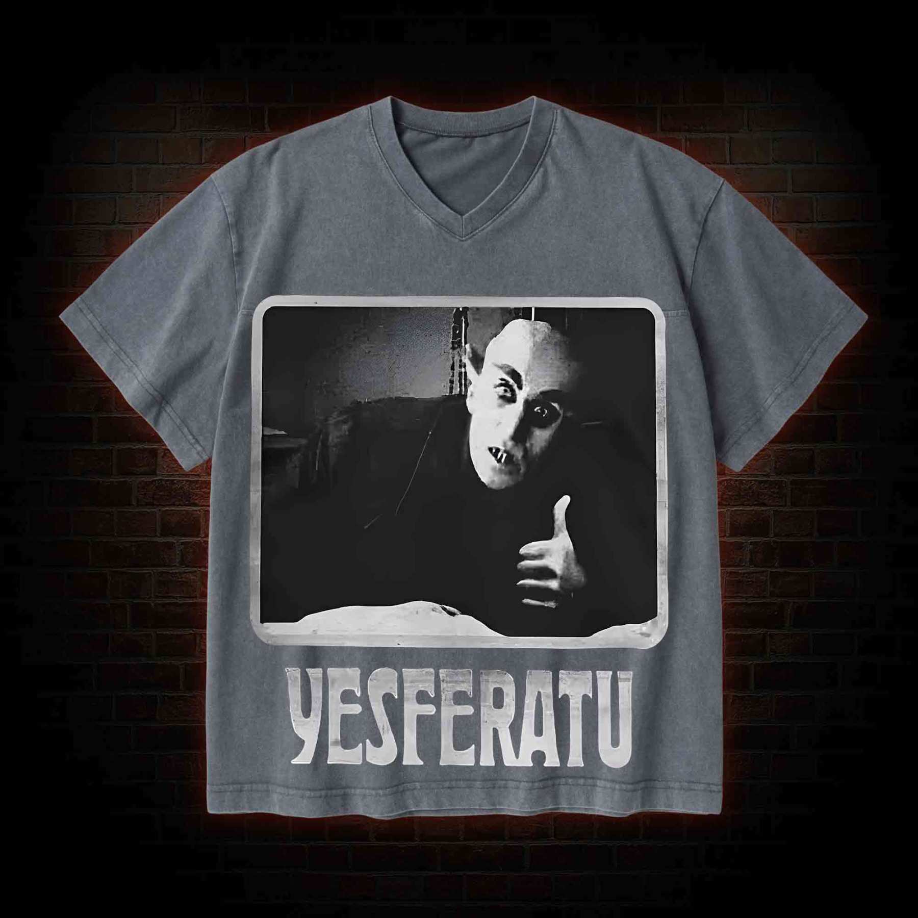 Yesferatu Funny Horror Retro V-Neck Streetwear Washed T-shirt