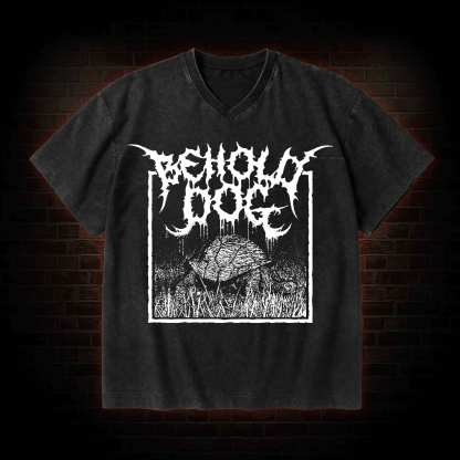 Behold Dog V-Neck Streetwear Washed T-shirt