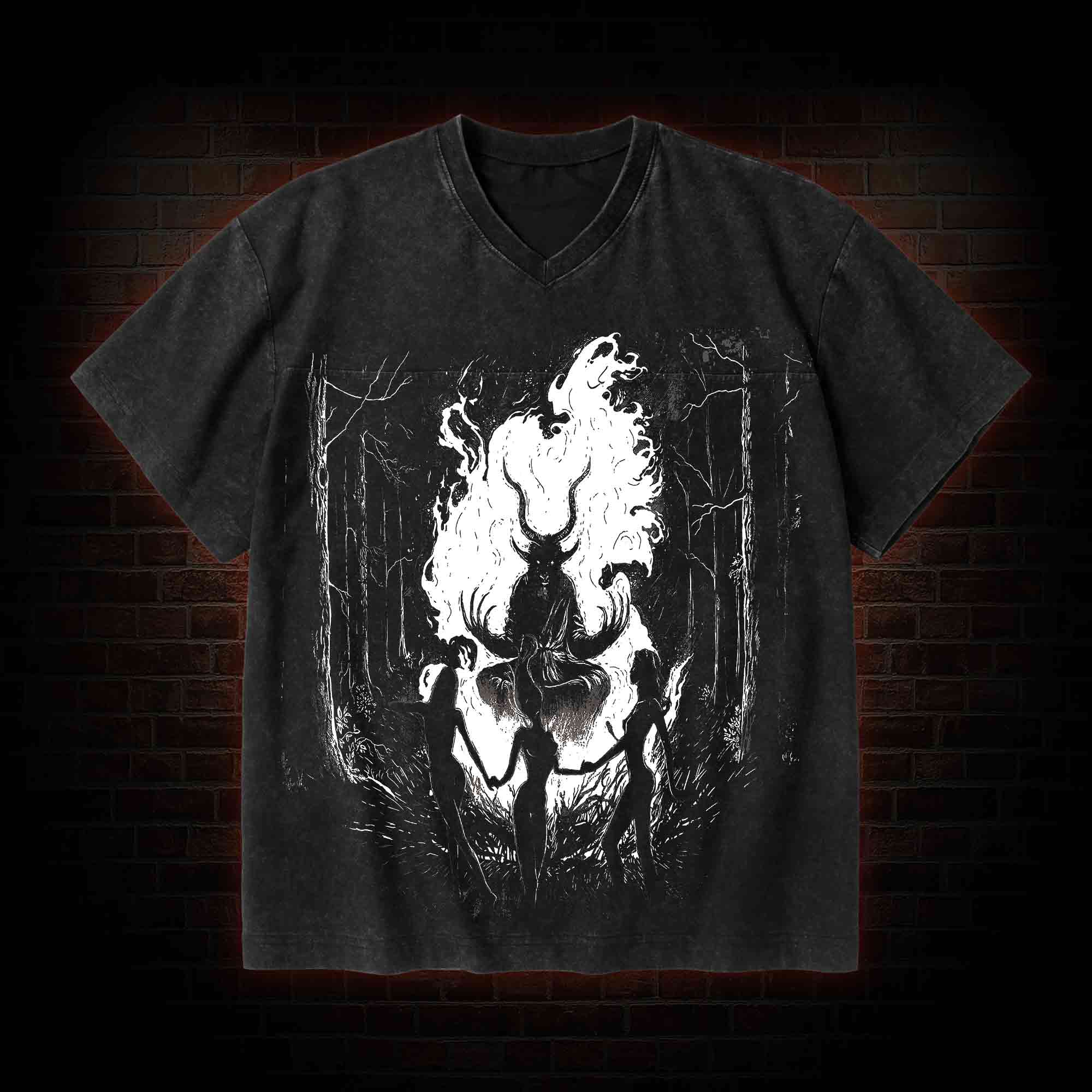 Baphomet V-Neck Streetwear Washed T-shirt