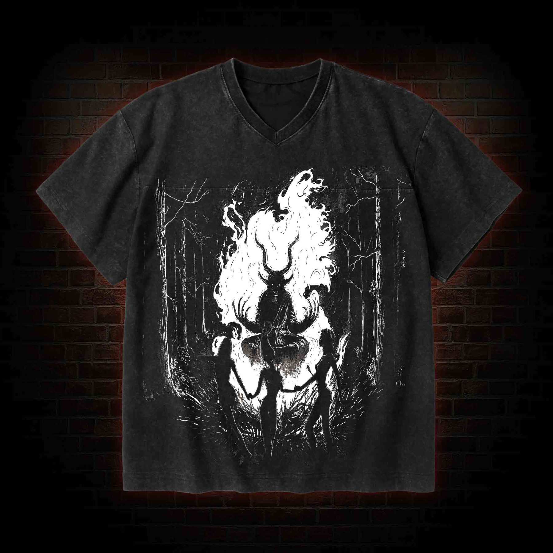 Baphomet V-Neck Streetwear Washed T-shirt