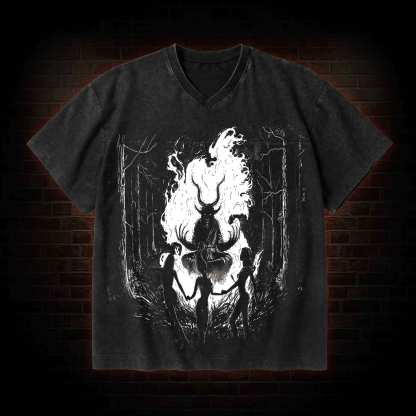 Baphomet V-Neck Streetwear Washed T-shirt