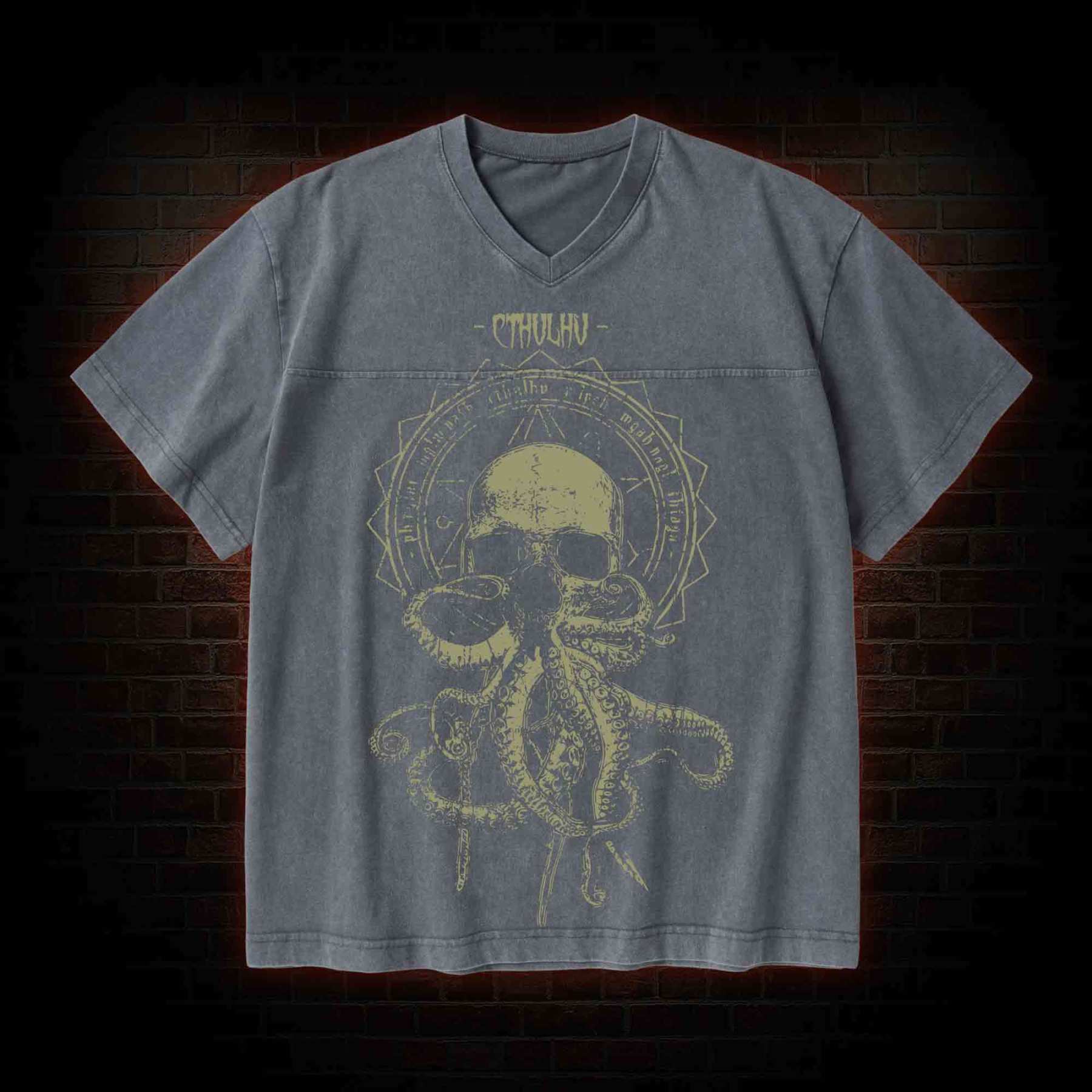 Call of Cthulhu Horror V-Neck Streetwear Washed T-shirt