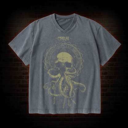 Call of Cthulhu Horror V-Neck Streetwear Washed T-shirt