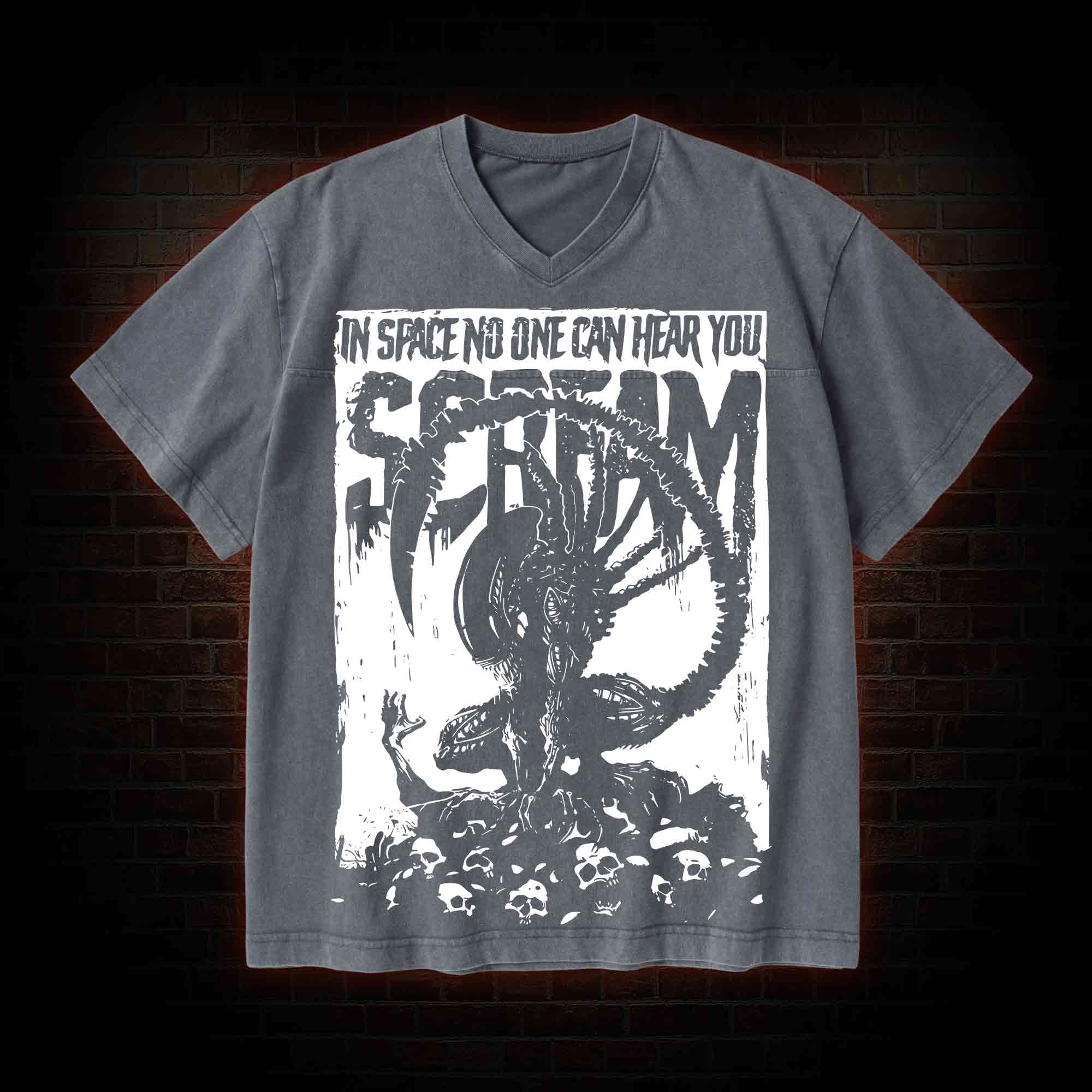 In Space No One Can Hear You Scream V-Neck Streetwear Washed T-shirt