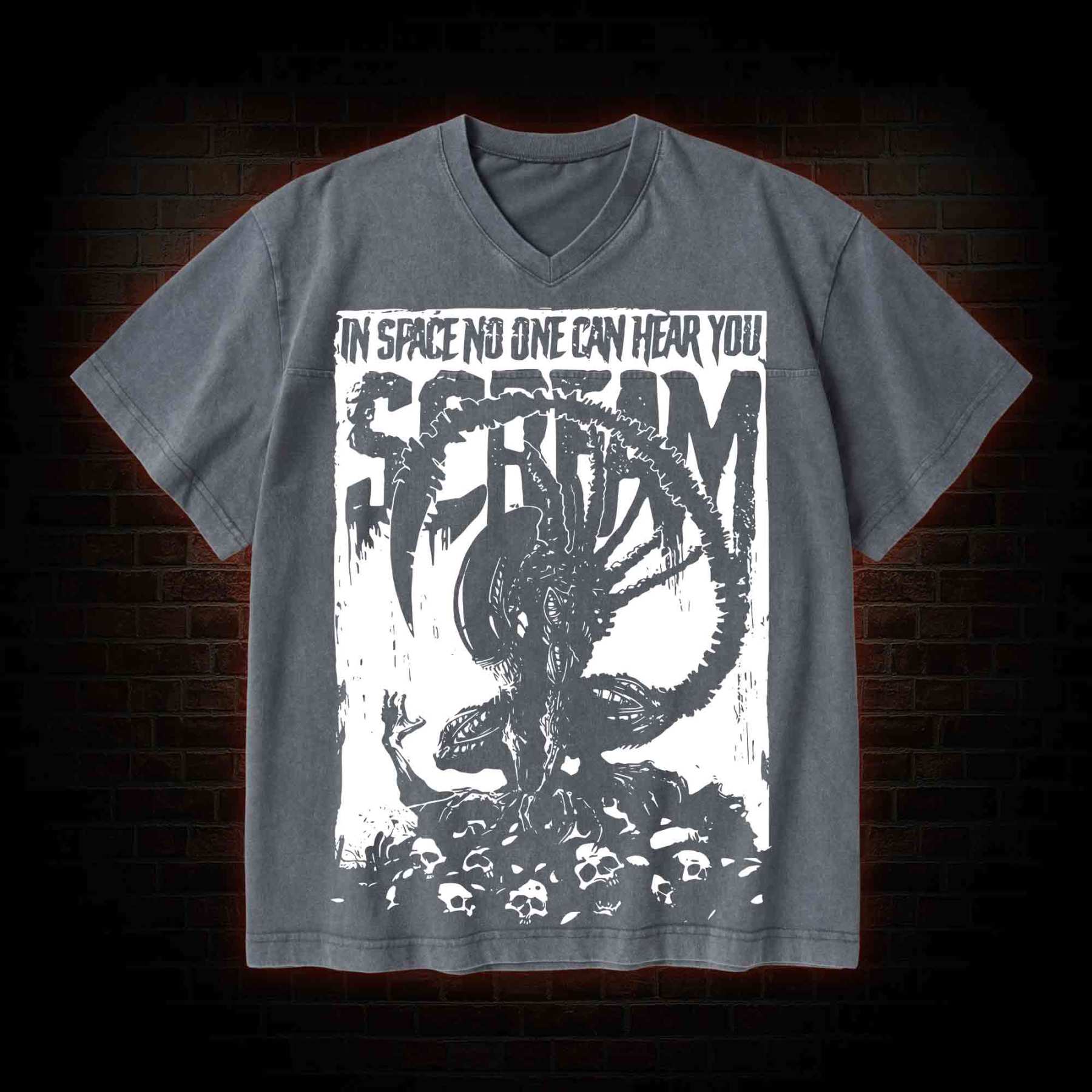 In Space No One Can Hear You Scream V-Neck Streetwear Washed T-shirt