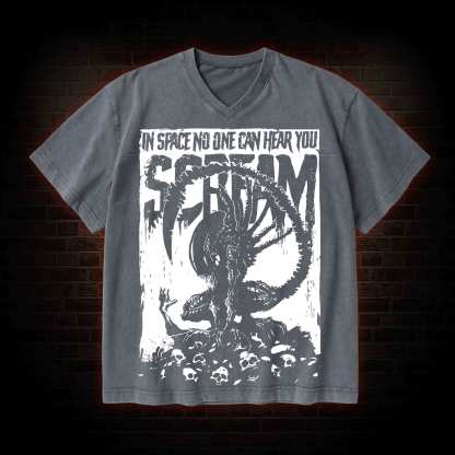 In Space No One Can Hear You Scream V-Neck Streetwear Washed T-shirt