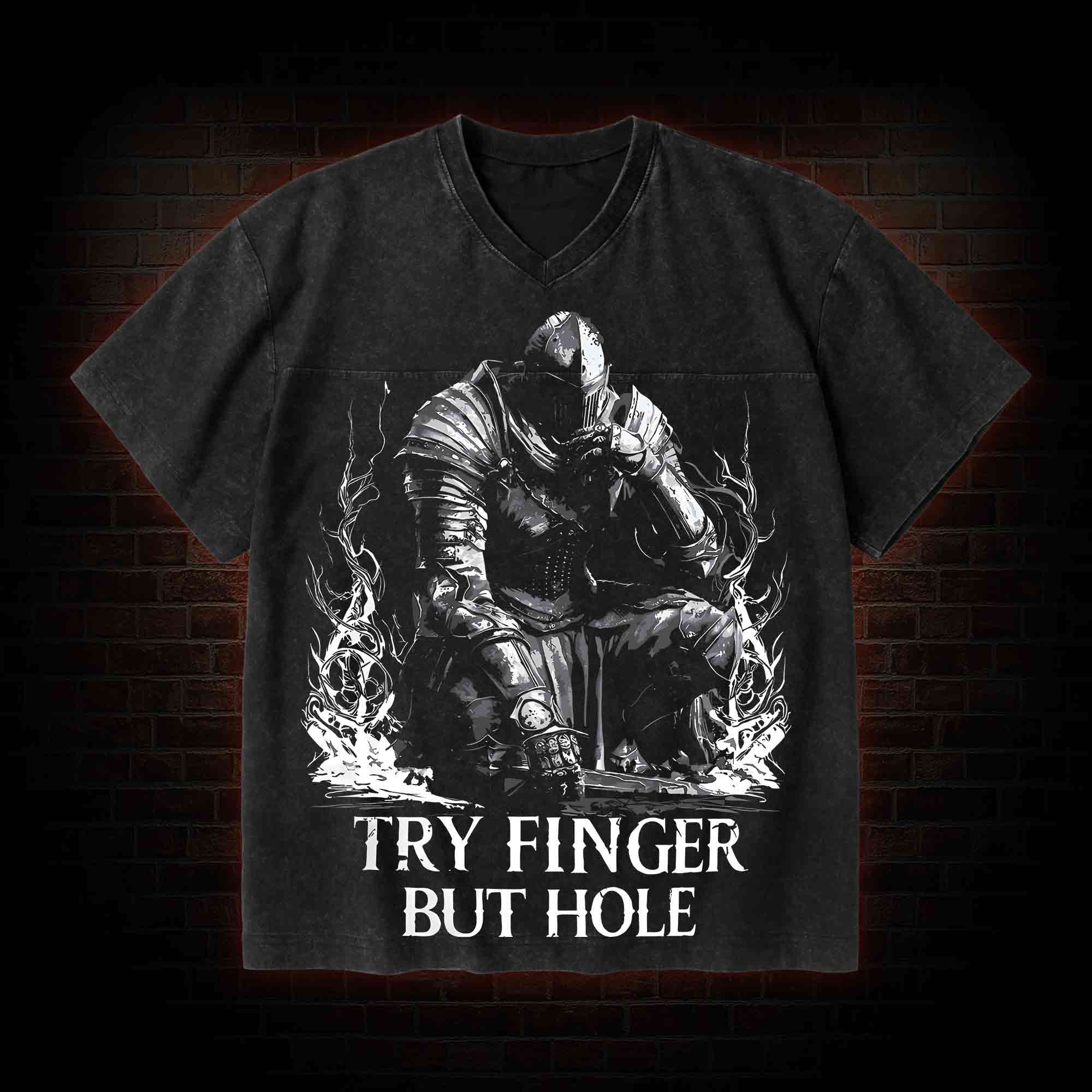 Try Finger but Hole V-Neck Streetwear Washed T-shirt