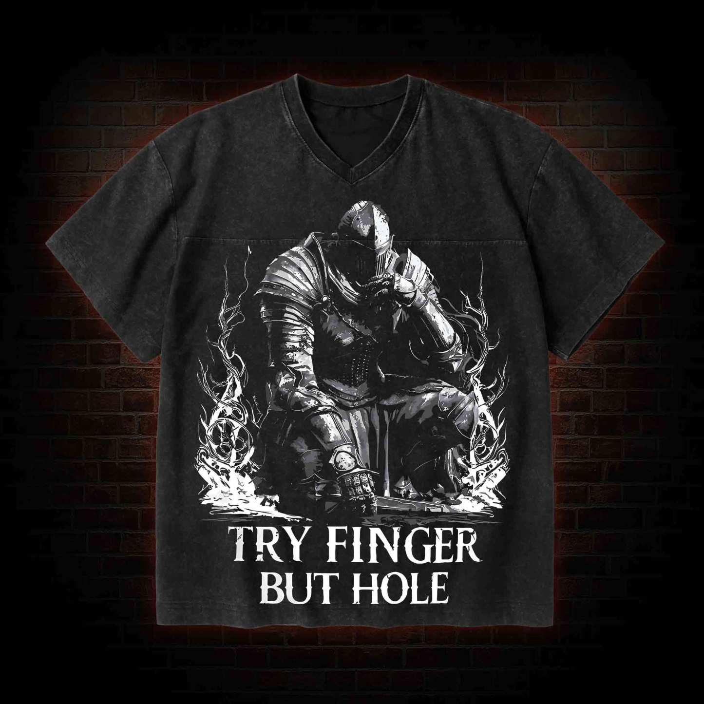 Try Finger but Hole V-Neck Streetwear Washed T-shirt