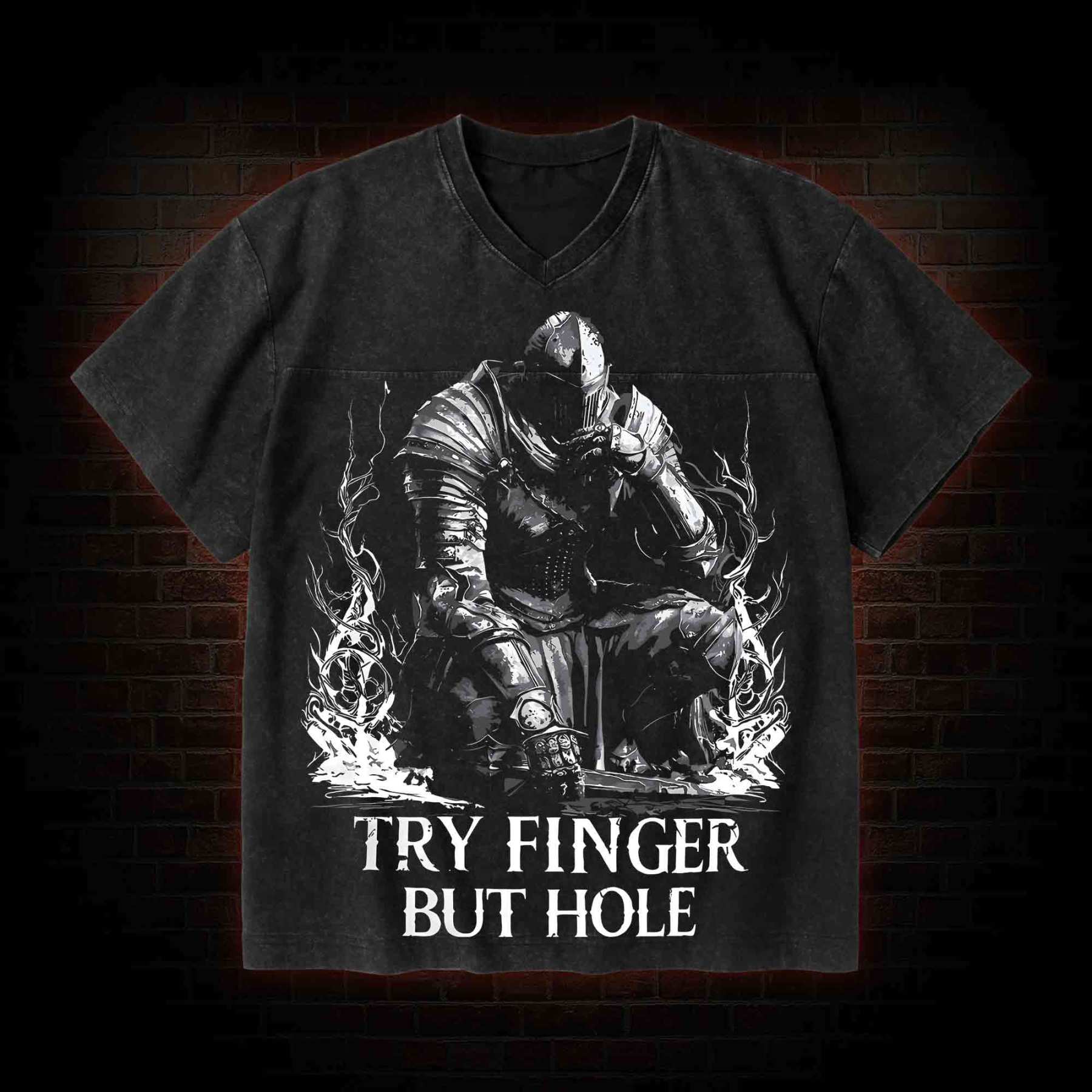 Try Finger but Hole V-Neck Streetwear Washed T-shirt