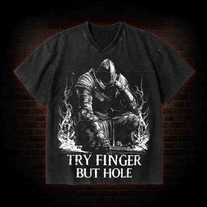 Try Finger but Hole V-Neck Streetwear Washed T-shirt