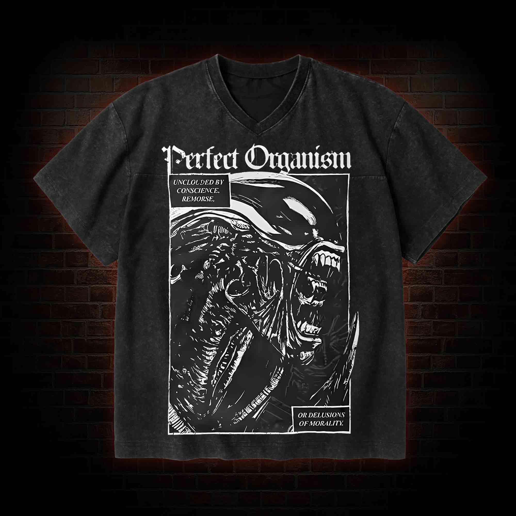 Alien Perfect Organism V-Neck Streetwear Washed T-shirt