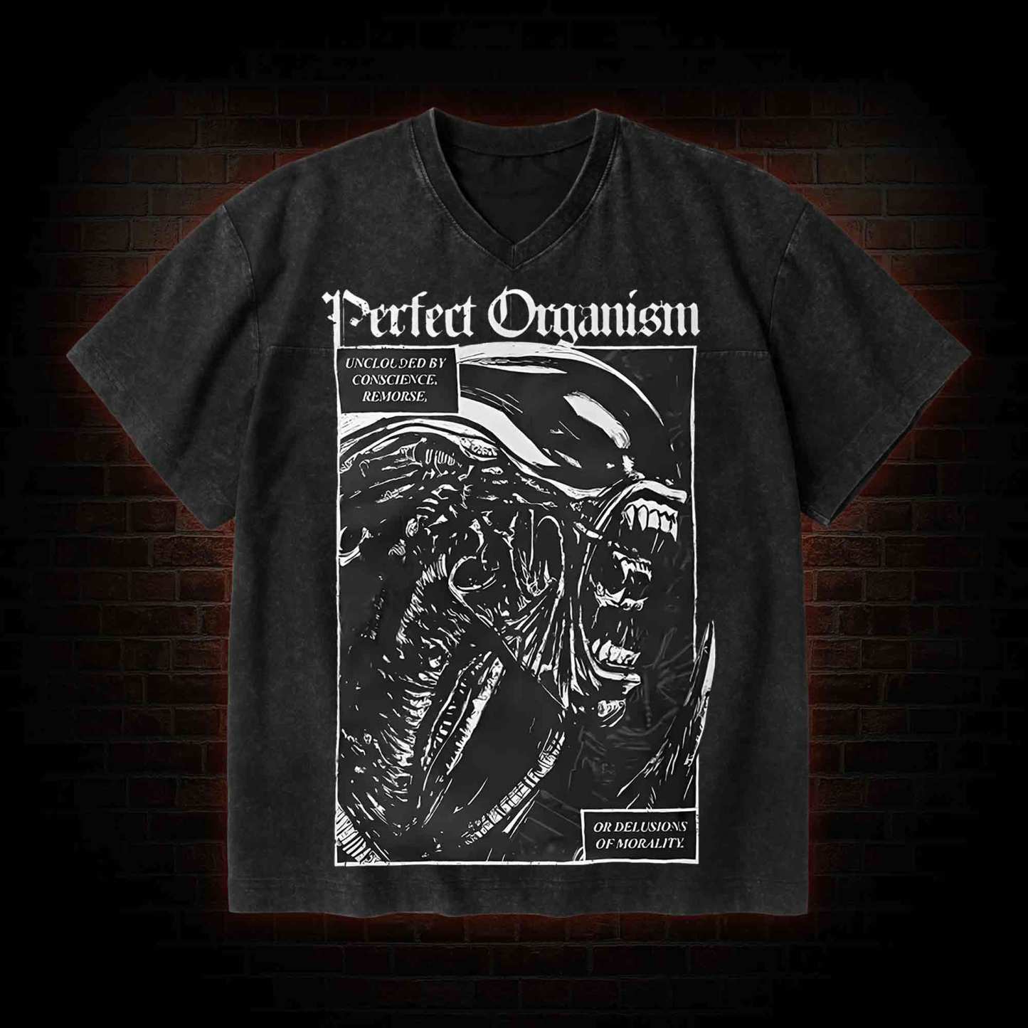 Alien Perfect Organism V-Neck Streetwear Washed T-shirt