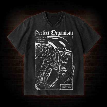 Alien Perfect Organism V-Neck Streetwear Washed T-shirt